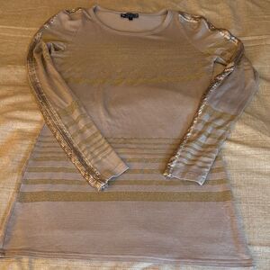 Casting Paris Woman’s Knit Sheath Dress with Metallic Stripe and Goldtone Beads.